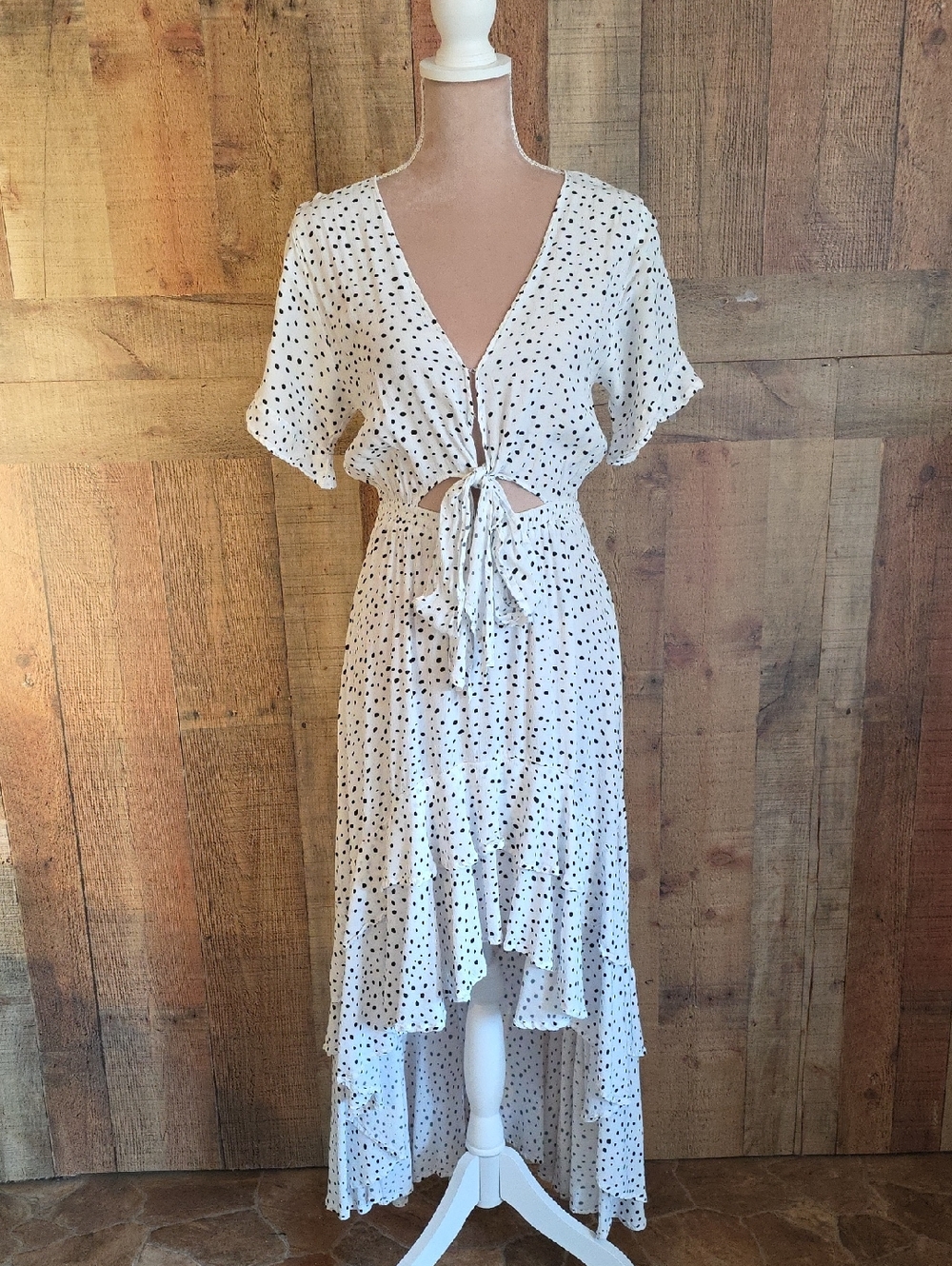 Kivari White with Black Polka Dot High-Low Tie-Front Maxi Dress